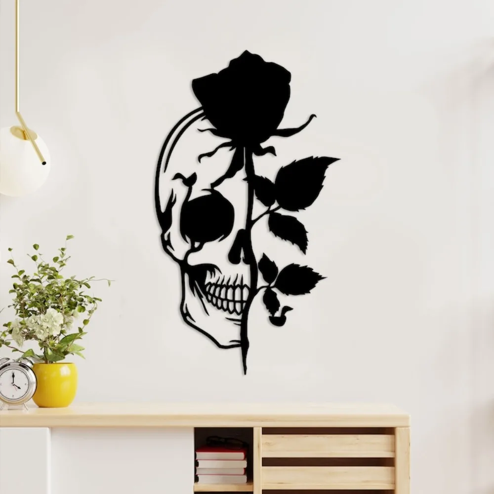 Skull with Rose Metal Wall Art, Flower Skull Signs, Sugar Skull, Skeleton Decor, Halloween Gothic Decor