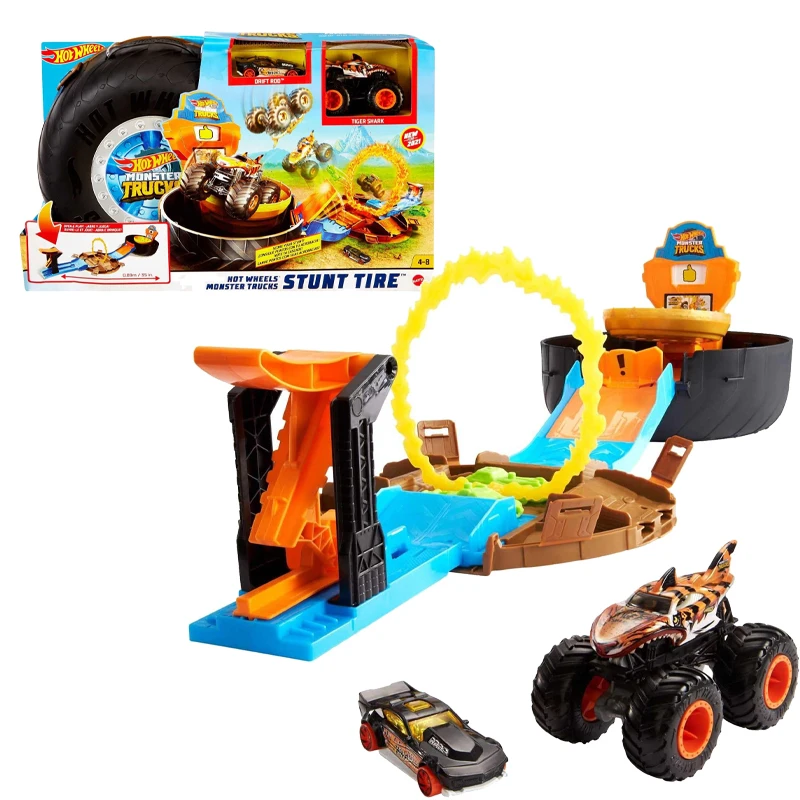 Hot Wheels 몬스터 트럭 스턴트 타이어 Playset With1 1:64 스케일 자동차 및 1 몬스터 트럭 자동차 소년 레이싱 트랙 장난감 생일 선물