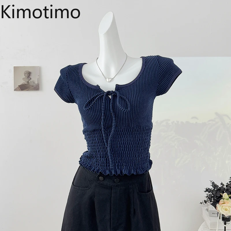 

Kimotimo Sweet Fungus Edge Drawstring Tied T-shirt Women 2025 Summer Folds Waist Slim Fit Ruffle Crop Top Solid Versatile Tees