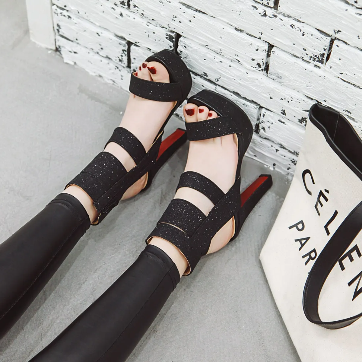 Women Gladiator Platform Sandals High Chunky Heel Black Silver Gold Glitter PU Casual Party Office Ankle Strap Zipper Lady Shoes