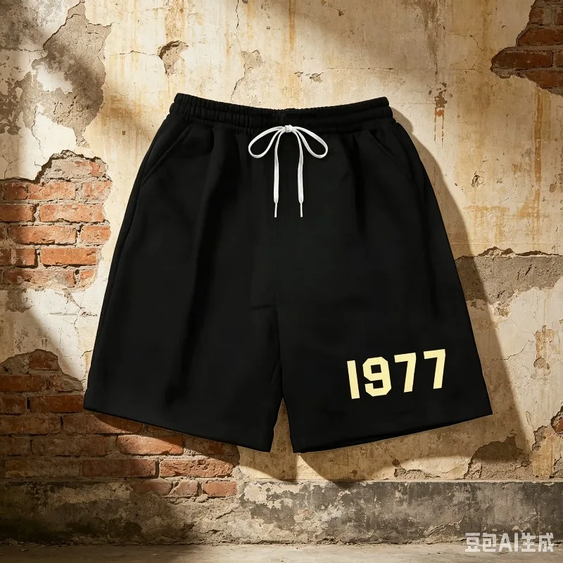 

2026 Summer 1977 Print Casual Shorts Men Breathable Quick Dry Workout Sports Training Gym Elastic Waist American Beach Shorts