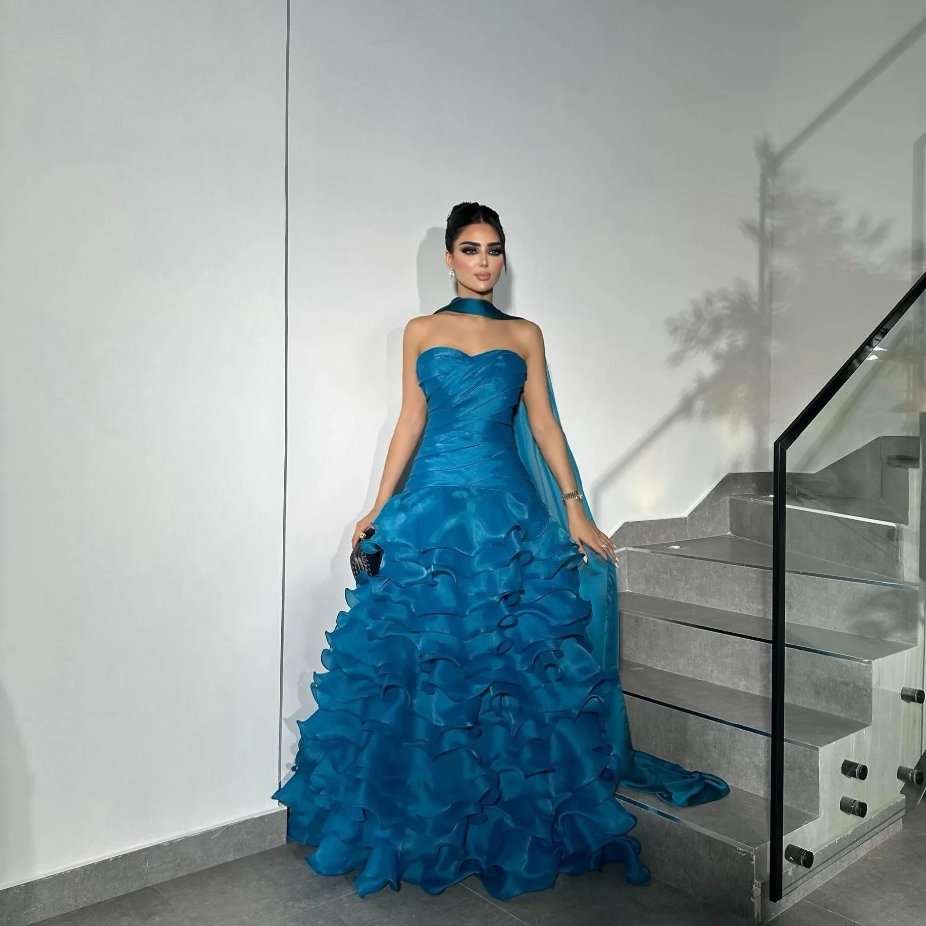 Long Evening Dresses With Voluminous Organza Bottom Arabic Elegant Teal Layered Ruched Formal Party Dress Maxi Gowns 2024