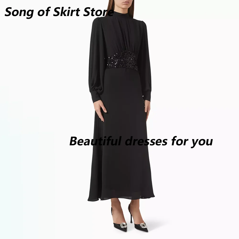 Vestido de Noche Midi Negro con Cuello Alto, Manga Larga Abullonada, Lentejuelas y Gasa, Estilo A-Line, Elegante Vestido Formal para Fiesta o Invitada de Boda 2026