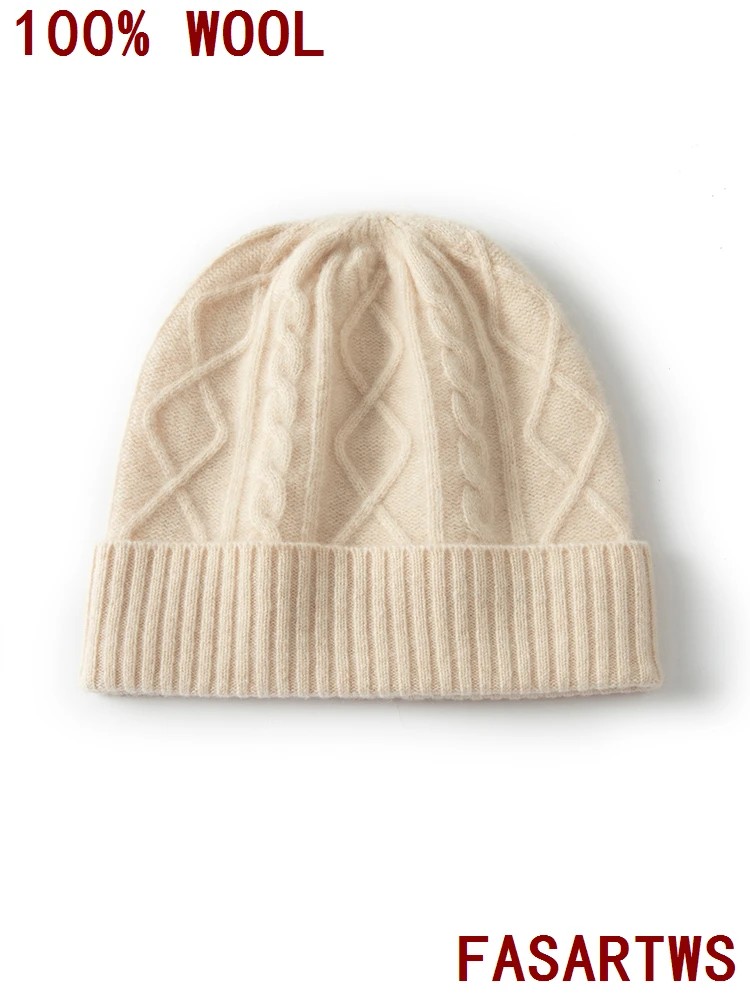 หมวกบีนนี่ หมวกผู้หญิง หมวกฤดูหนาว ใหม่ 100% ขนแกะออสเตรเลีย ถักลายแจ็คการ์ด นุ่ม อุ่น หมวกแฟชั่นลำลองสำหรับผู้หญิง หมวกหนา คุณภาพดี