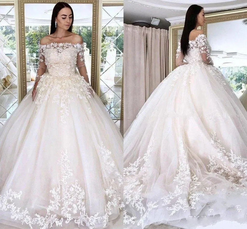 تخصيص قبالة الكتف ثلاثية الأبعاد يزين فستان الزفاف Vestido De Novia طويلة الأكمام البلد شاطئ Ballgown منتفخ زي العرائس