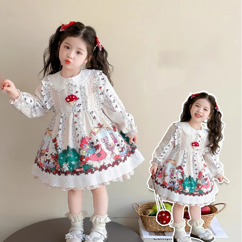 

Рождественское платье принцессы Лолиты для девочек, кружевное праздничное платье для детей, украшение с бантом, юбка-пачка с рюшами, многослойное платье, платье на день рождения