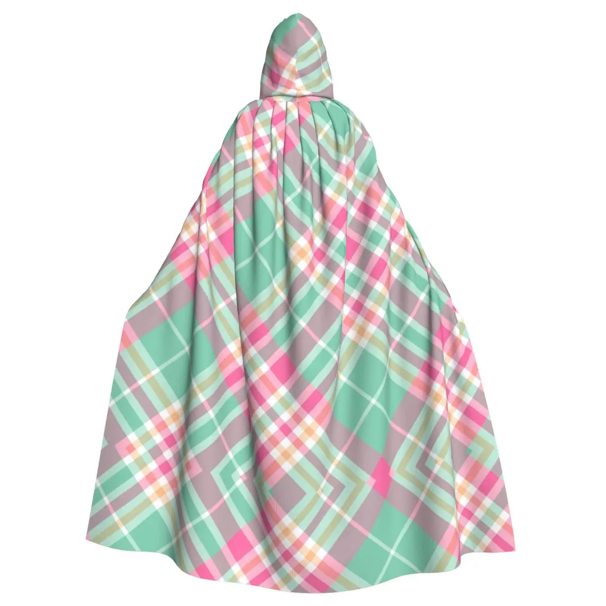 Colorful Plaid Checks Printed Witch Cloak Hooded Cosplay Costume Halloween Adult Long Party Cape