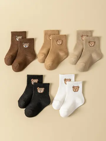 5 Pairs Baby Socks Toddler Soft Comfortable Breathable All-Season Cartoon Bear Pattern Kids Footwear