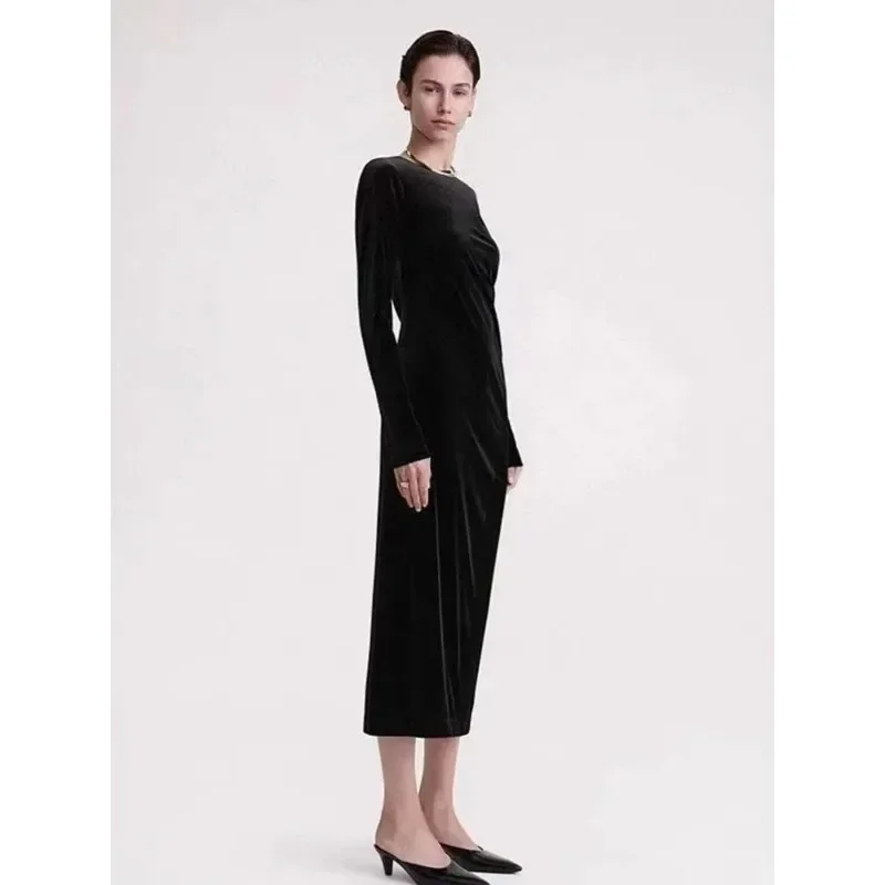 TT LUXURY-Ankle-Length Velvet Dress, Full Sleeve, Slim Straight Shape, Elegant Celebrity, High Quality, Autumn and Winter, 2024