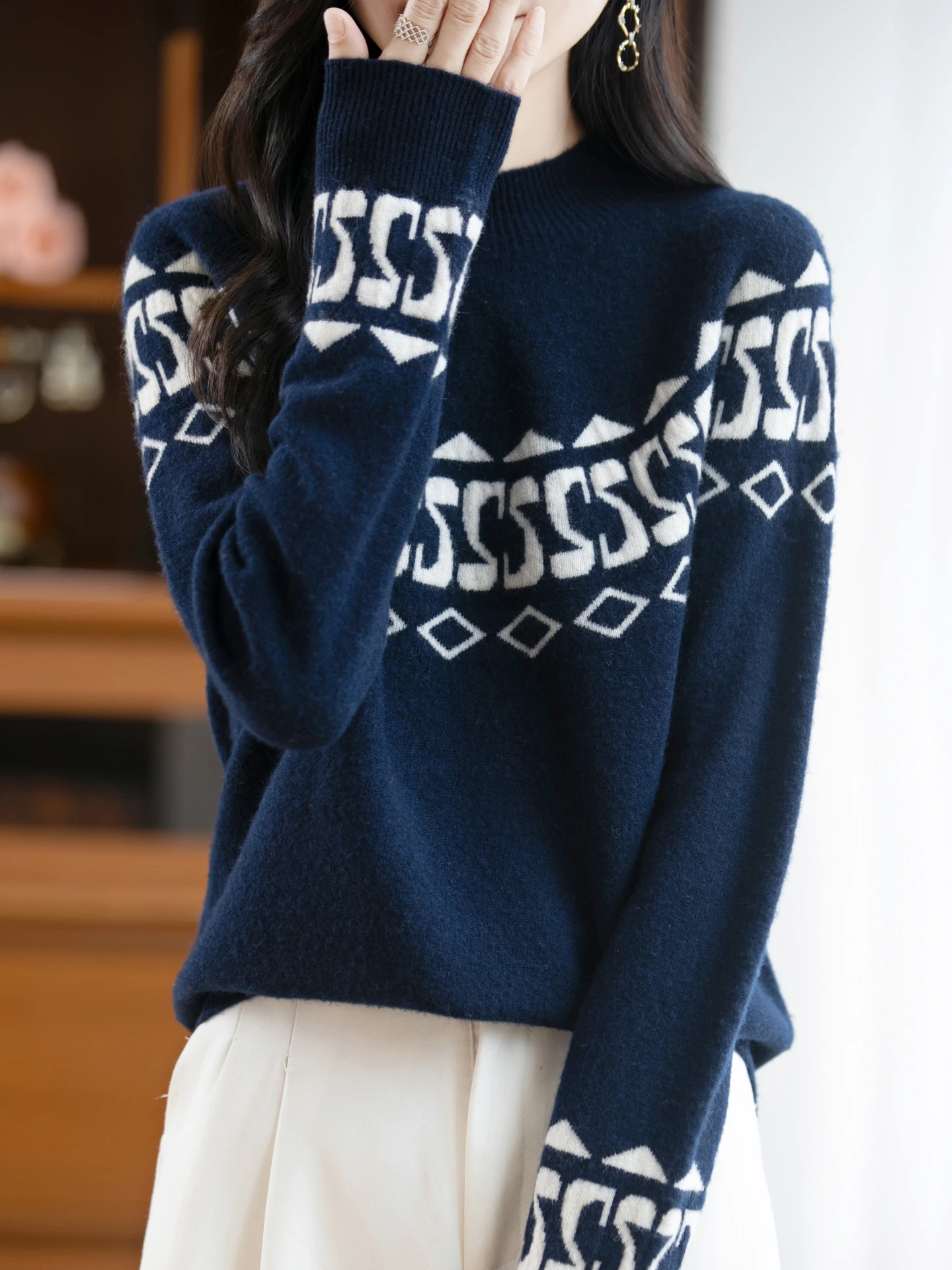 Women's 100% Merino Wool Sweater Mock Neck Thick Warm Pullover Long Sleeve Cashmere Knitwear for Autumn Winter New Fashion Tops