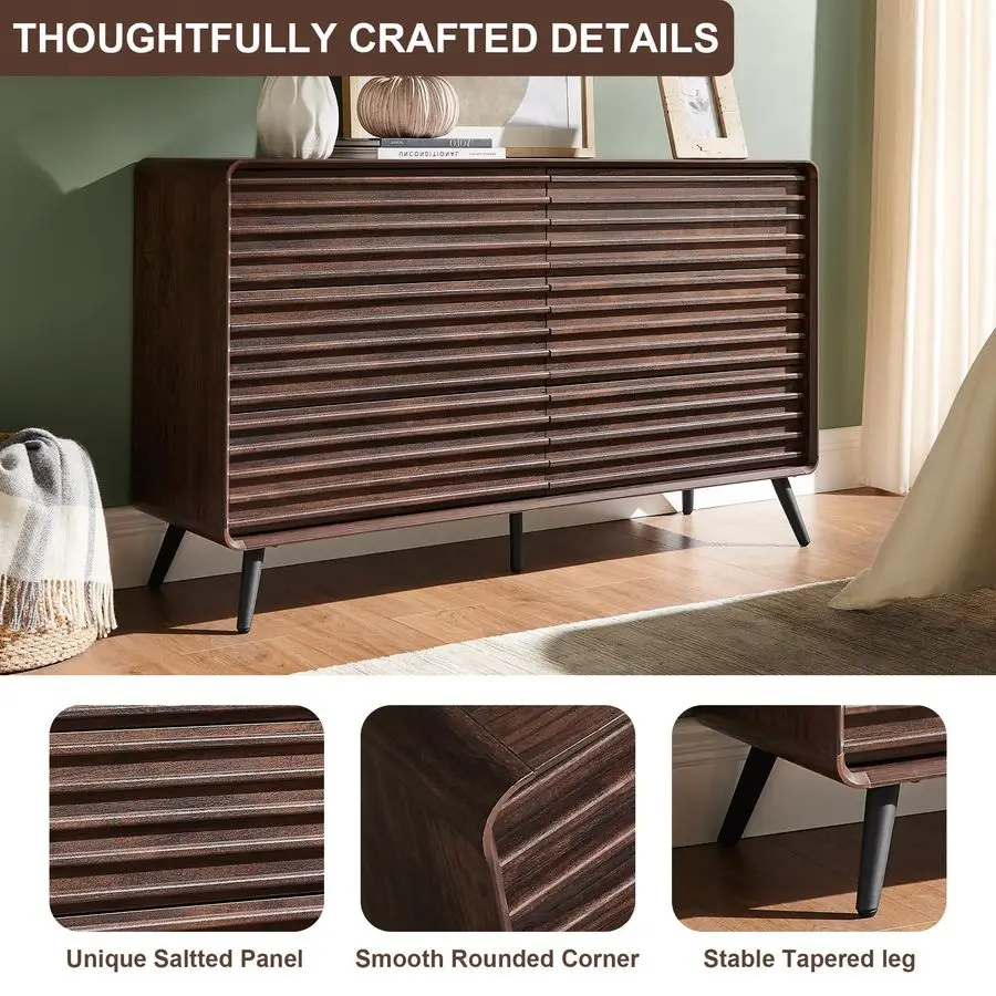 Cômoda de 6 gavetas para quarto, cômoda dupla canelada de madeira moderna de meados do século de 54 largura, cômoda com perna cônica para cama