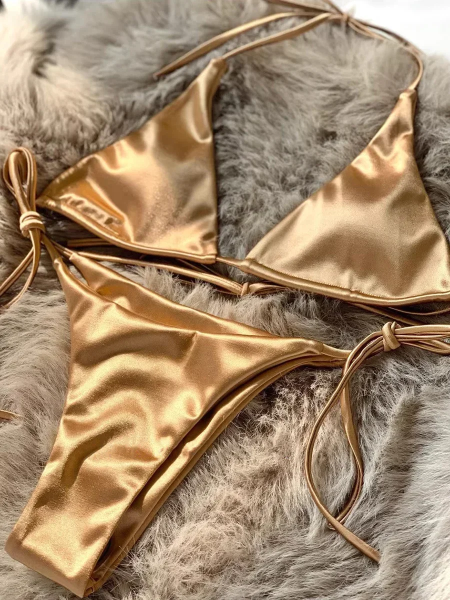 Wrap Around Halter Metallic Satin Bikini Women Swimwear Female Swimsuit Two-pieces Bikini Set Brazilian Bathing Suit Swim Lady