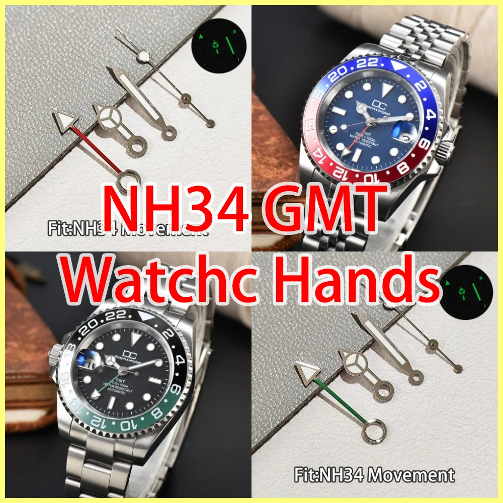 NH 34 GMT Watch Hands Green Luminous for NH 34 Movement Watches Pointer Accessories Silver Gold Hand For Wristwatches spare part