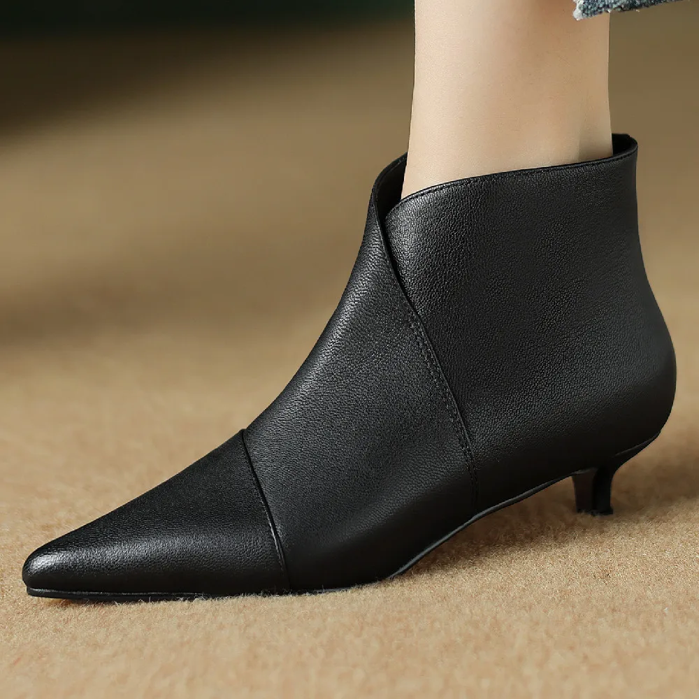 Elegant ladies low heel pointed toe autumn ankle boots high quality soft comfortable side zip short booties cow leather shoes