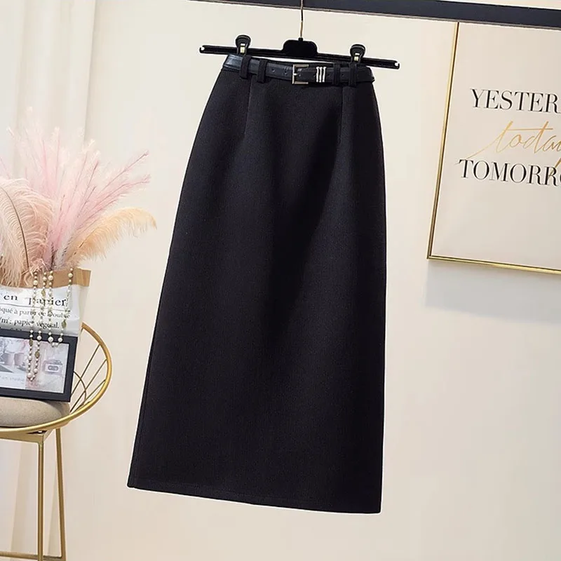 Autumn Winter Thicken Woolen Skirts Female Vintage Back Split Straight Midi Skirt Woman Elegant Zipper High Waisted Long Skirts