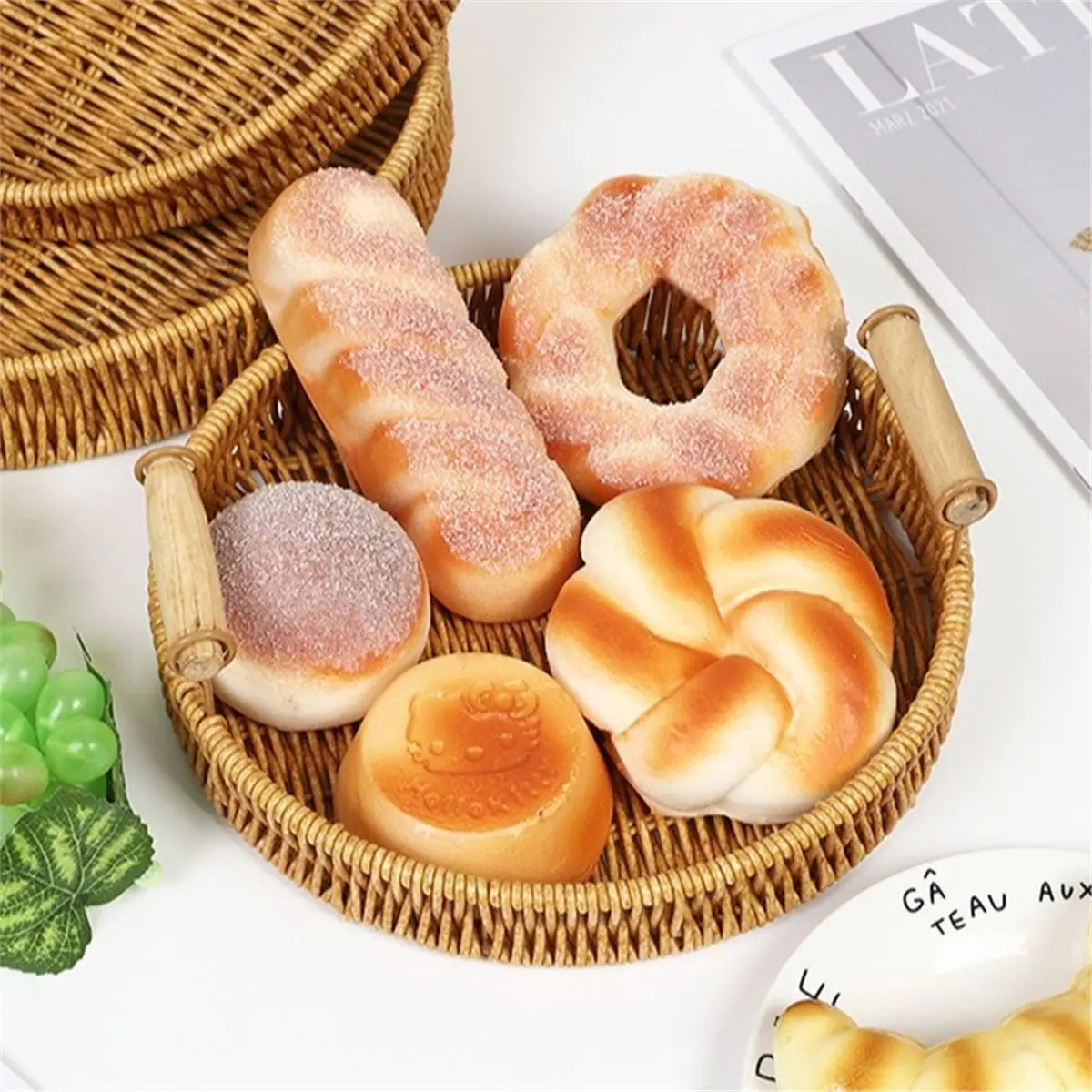 A08I Handwoven Rattan Tray & Food Storage Basket Eco-Friendly Kitchen Organizer, Farmhouse Home Decor Organizer