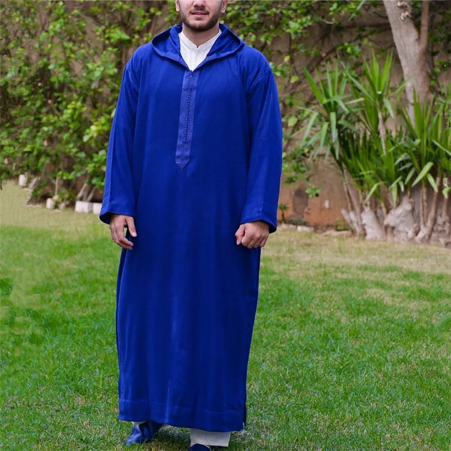 

Blue Abaya Muslim Men Clothing Eid Middle East Jubba Thobe Arabic Dubai islamic Kaftan Men's Long Sleeve hooded Robe Male Dress