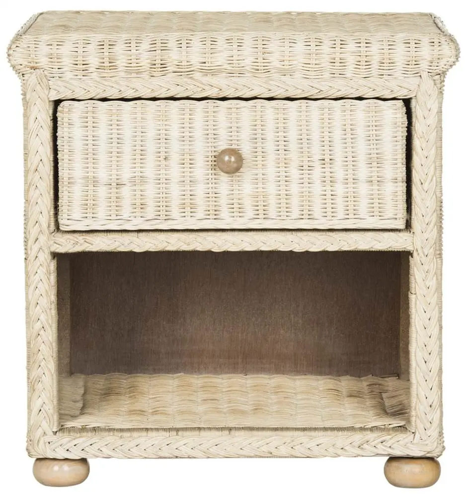 Wicker Nightstand Bedside Table With Storage Shelf, 22 Inch White Wash Finish, Customized