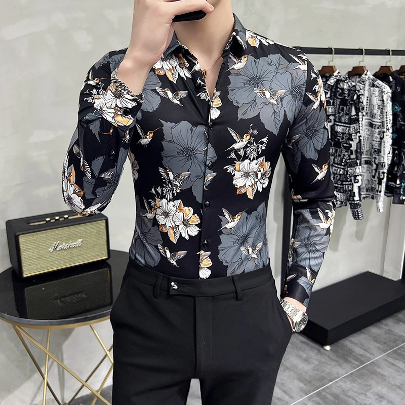 

Men Vintage Slim Fit Long Sleeve Shirt Spring New Flower Print Black Shirts Business Casual Luxury Blusas Camisa Masculina 6XL