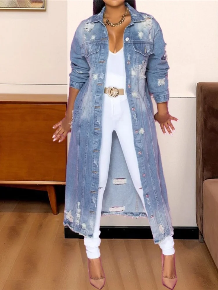 

Wmstar Denim Coat Women Wholesale New Button Down Washed Long Sleeved Jacket Mid Length Windbreaker Spring Autumn Europe America