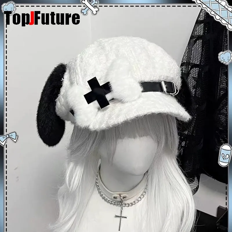 Subculture Y2K Girls Japanese cross lovely Autumn and Winte Hat bone puppy Ears fluffy stars polychrome Newspaper Versatile grey