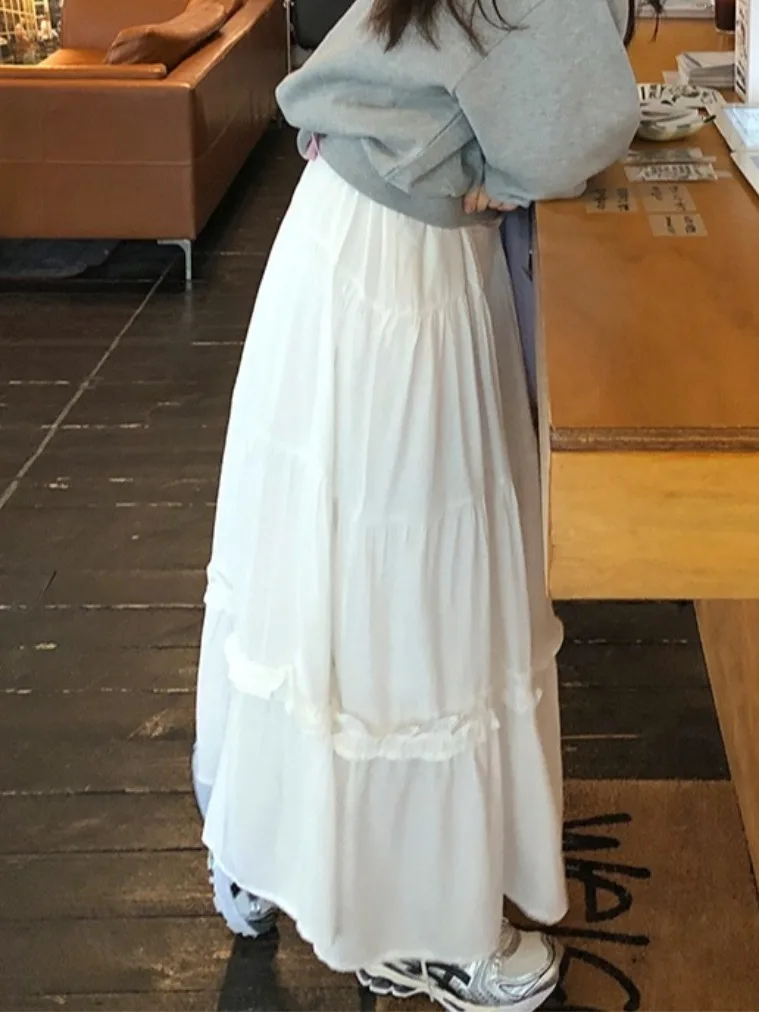 

Chic High Waist A-Line Midi Skirt for Women Pure Color Long Skirt Spring Season Sweet Sle Wooden Trim Casual Wear