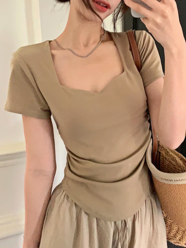 Summer Coffee Designer Elegant Blouse Women Ruffled Korean Fashion Slim Tops Female Asymmetric Vintage Casual Blouse 2023 New