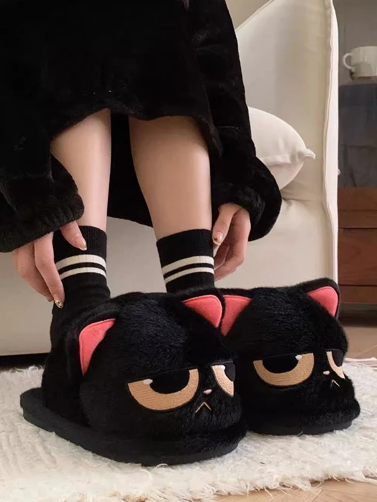 

2024 New Angry Black Cat Cotton Slippers woman winter Couple Cute anti slip warm furry Women's slippers Home Soft Indoor Shoes