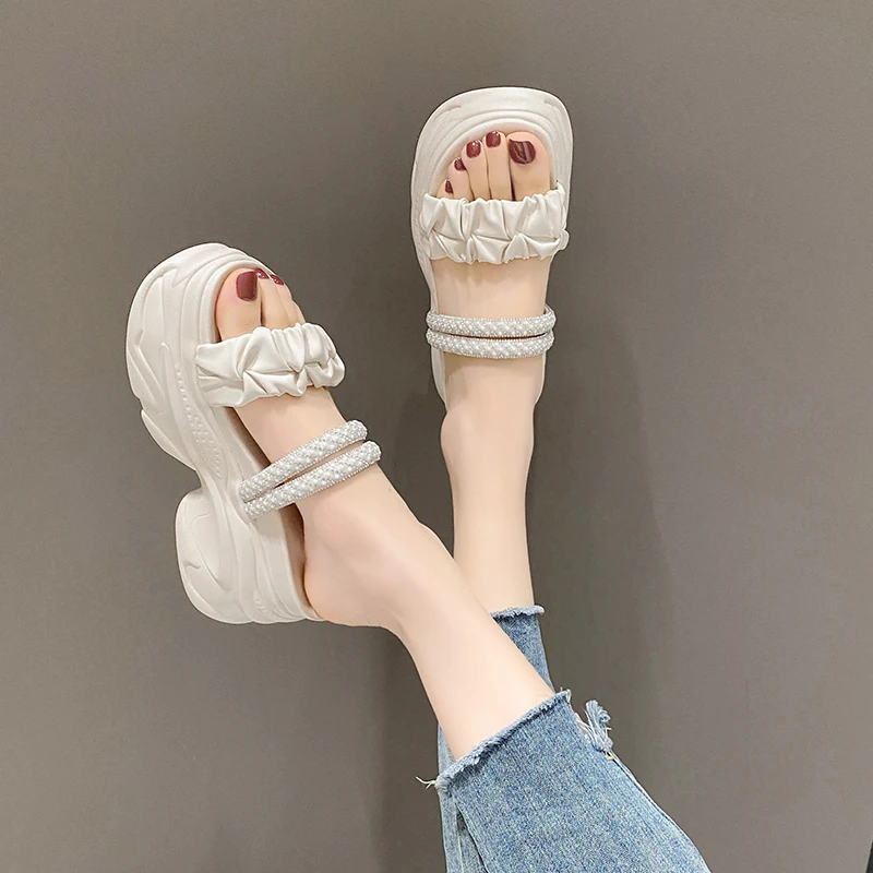 LazySea Crystal Straps 9cm Wedge Heel Women Slippers Platform Height Increasing Outside Slides Sweet New Women Sandal Shoe