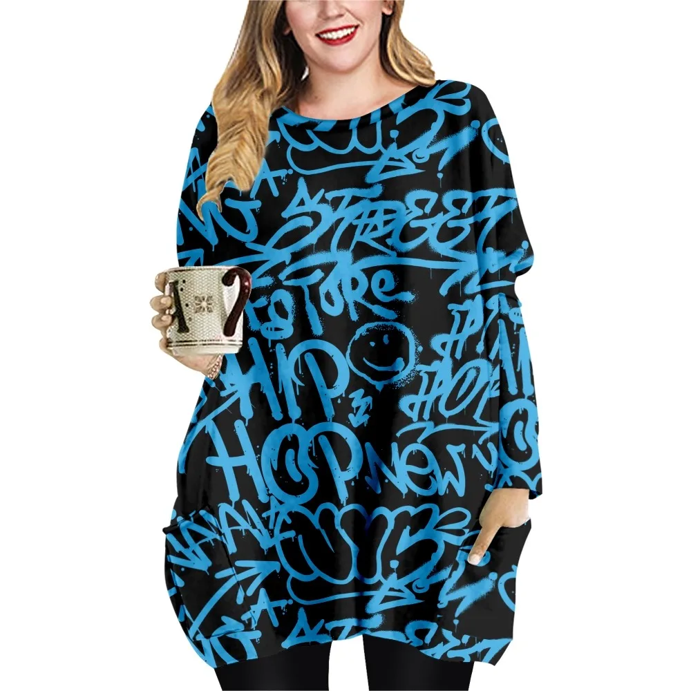 Street Graffiti Print  Loose Casual Style Ladies T-shirt Double Pocket Dress Round Neck Long Sleeve Dress-