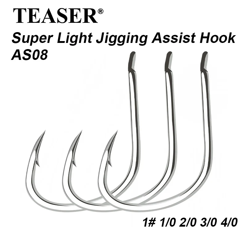 TEASER AS08 10 Stück/Beutel PIKE Salzwasser Kohlenstoffstahl Einzel-Angelhaken 1 #   1/0 2/0 3/0 4/0 Superleichter Jigging-Assist-Haken