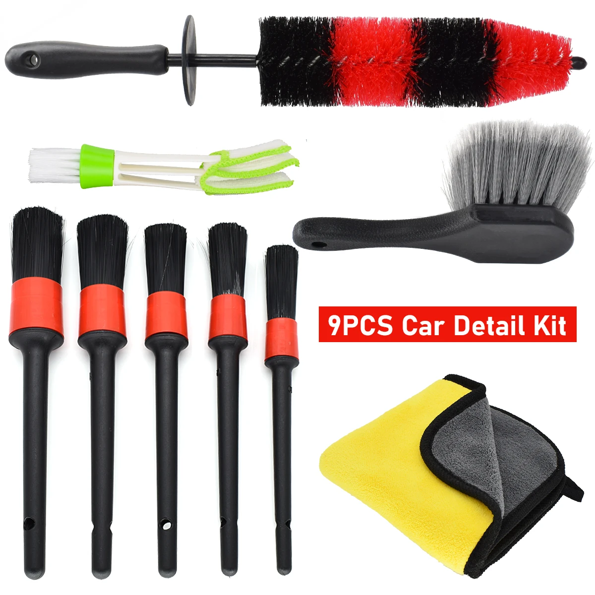 

9Pcs Wheel Tire Brush Car Cleaning Kit Easy Reach Engine Tyre Rim Detailing Brushes Microfiber Cleaning Drying Wash Cloth Towel