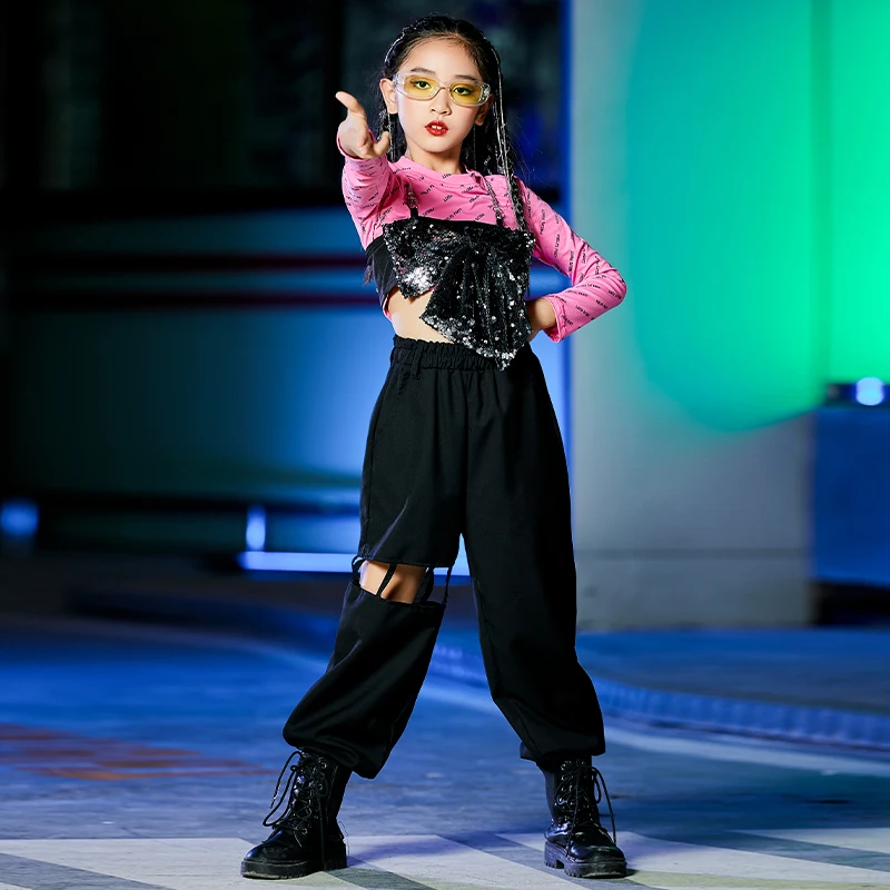 Bambini HipHop Jazz Performance costumi ragazze Street Dance abbigliamento top rosa gilet con paillettes pantaloni neri abiti da Festival DWY7255