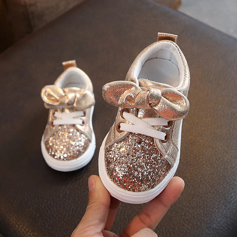 Children Casual Shoes Toddler Baby Girls Bow Sequin Sneakers Glitter Soft Sole Non-slip Sports Shoes Fashion Solid Board Shoes