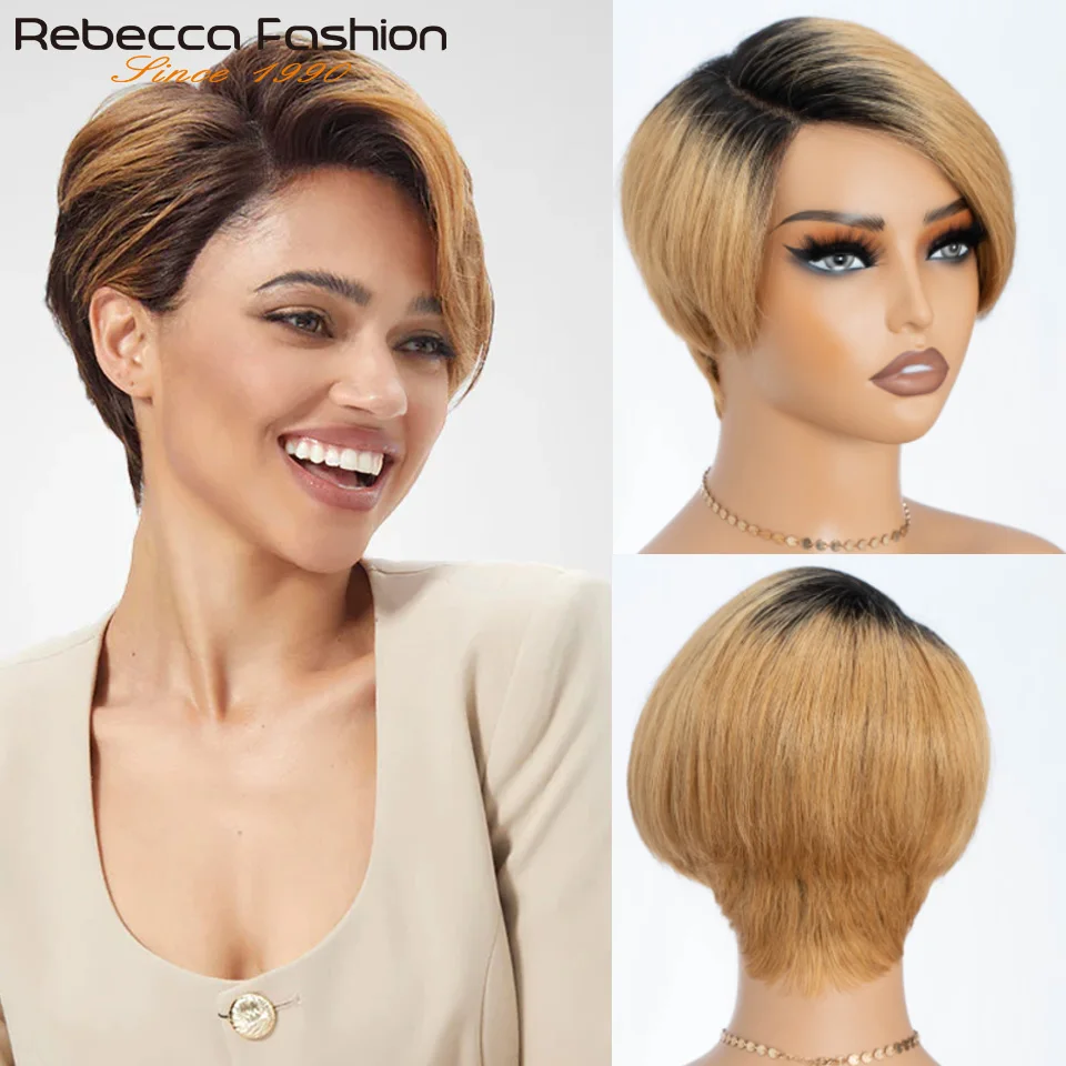 

Short Cut Pixie Straight Bob Part Lace Wig Remy Human Hair With Bangs For Women Pre Plucked C Lace Wigs Natural Honey Color QVR