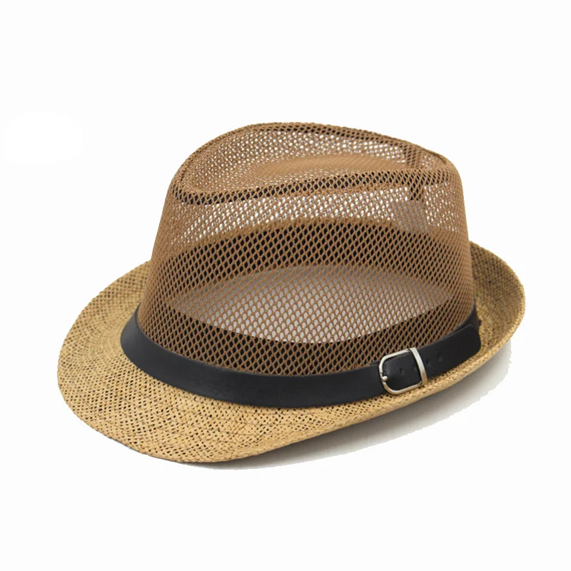 2021 Fashion Summer Unisex Jazz Paper Straw Hat Short Brim Mesh Fedora Hat with Belt Buckle Party Beach Cap Men Women Sun Hat