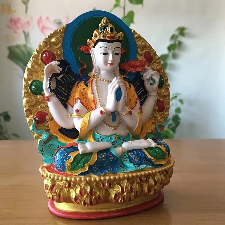 Tibetan Buddhist figurine Tantric four arm Guanyin Buddha statue ornament portable figure Four-armed Avalokitesvara Bidhisattva
