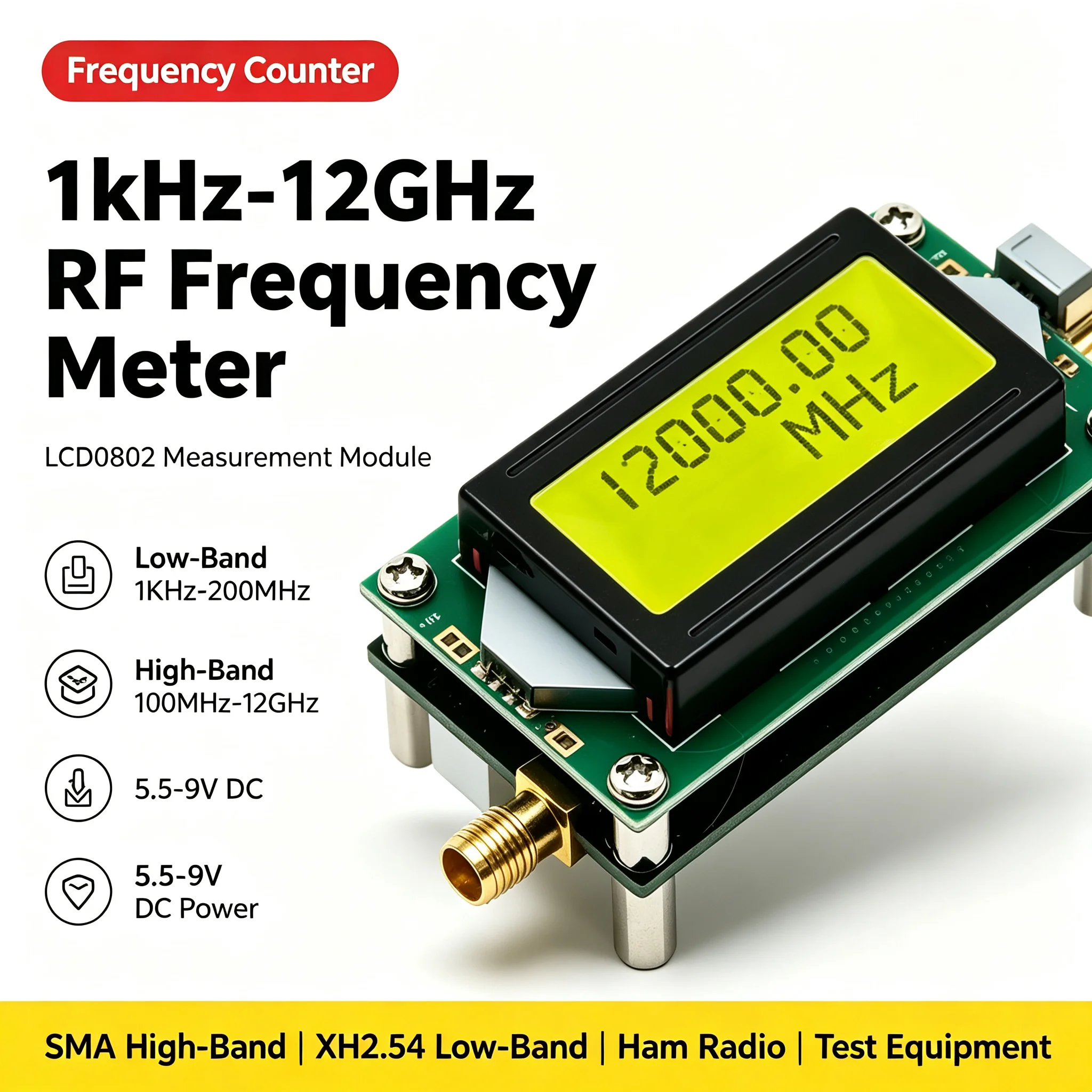 LCD0802 1KHz-12GHz RF Frequency Counter Tester Low High 7bit Digital Frequency METER SMA Signal Measurement Ham Radio Cymometer