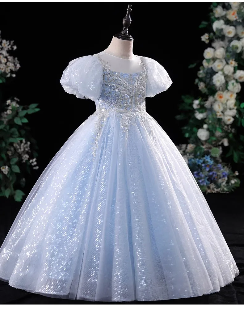 Vestido de satén sin mangas azul iridiscente para niñas, vestido de cumpleaños para niñas, niña de las flores, cremallera, boda, fiesta de bautismo, Princesa, actuación Formal