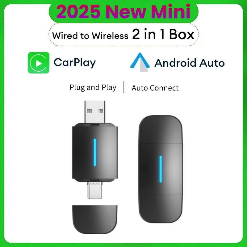 2in1 Wireless CarPlay Adapter&Android Auto Mini Box Carplay Wired to Wireless Bluetooth Plug and Play Dual interface Type-C/USB