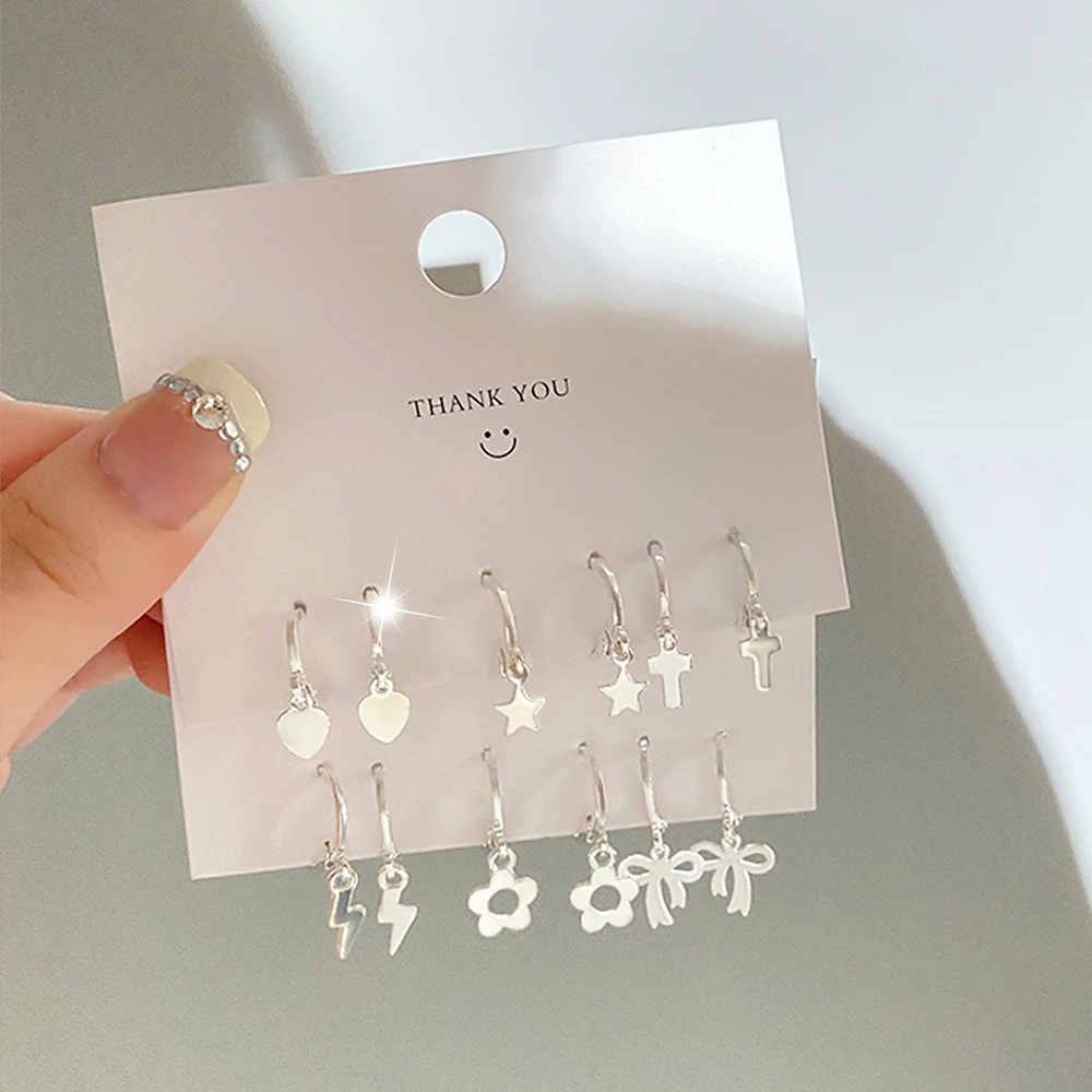 KINFOLK Cute Black Heart Bow Earrings Set For Women Girls Silver Color Star Cross Hoop Earrings Fashion Jewelry Party Gifts 2022