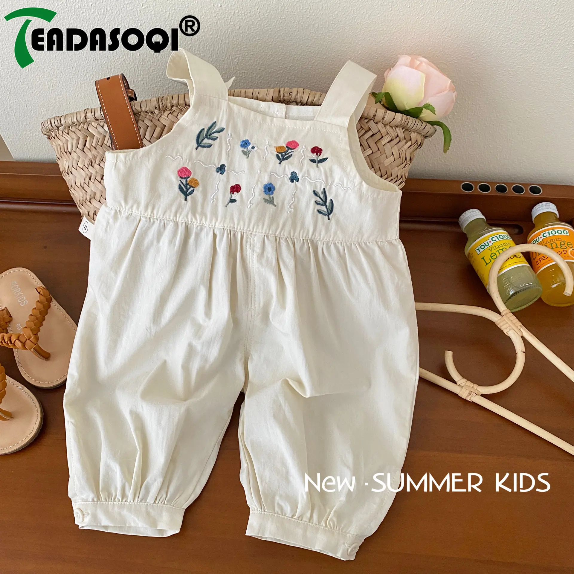 

2023 Summer New In Pants 0-6Y Kids Baby Girls Sling Embroidery Flower One-piece Children 98% Cotton Overalls Toddler Strap