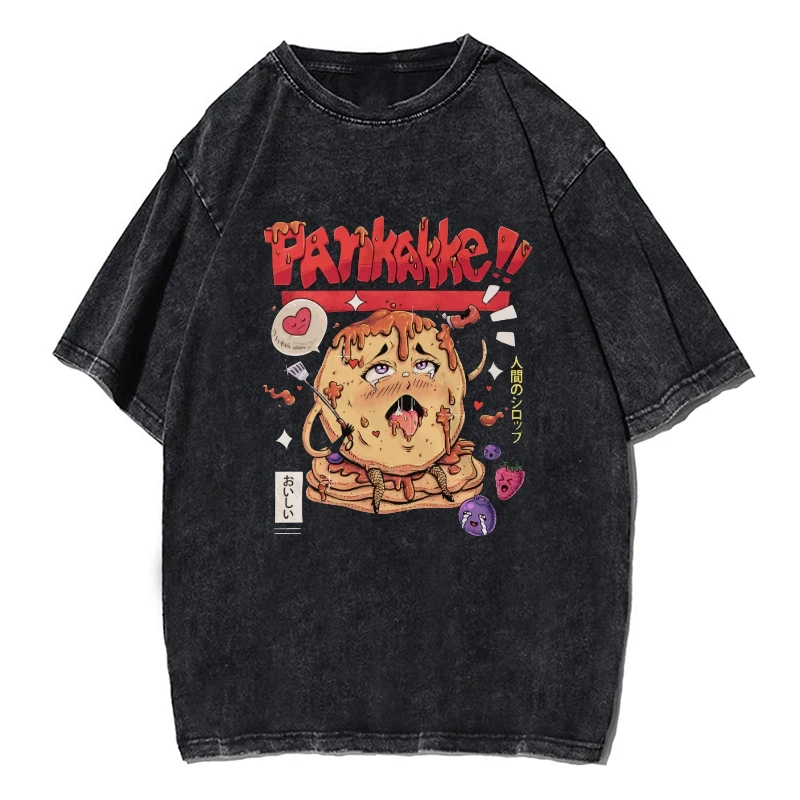 Pankakke Kawaii Pancake Funny Japanese Naughty Foodie Washed Cotton Oversize T Shirt Denim Tshirt Men Women Unisex Top Tee