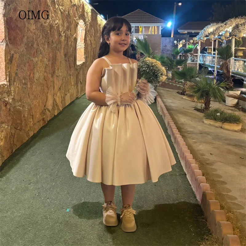 

OIMG Simple Spaghetti Strap A-line Flower Girl Dresses Backless Wedding Party Dress Knee Length Birthday Dress Customized