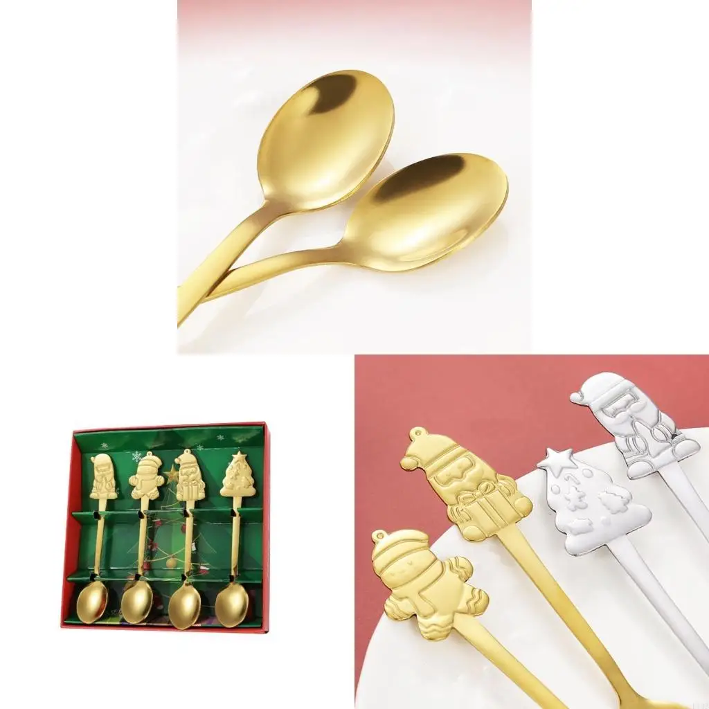 F19B 4 Pcs Stainless Steel Christmas Coffee Spoons Christmas Trees Santa Tea Spoon