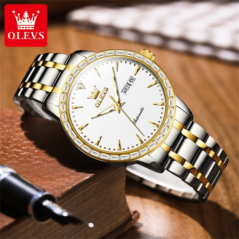 OLEVS 7019 Luxury Diamond Mechanical Watch For Men Dual Calendar Stainless Steel Automatic Wristwatches Top Brand Original Clock