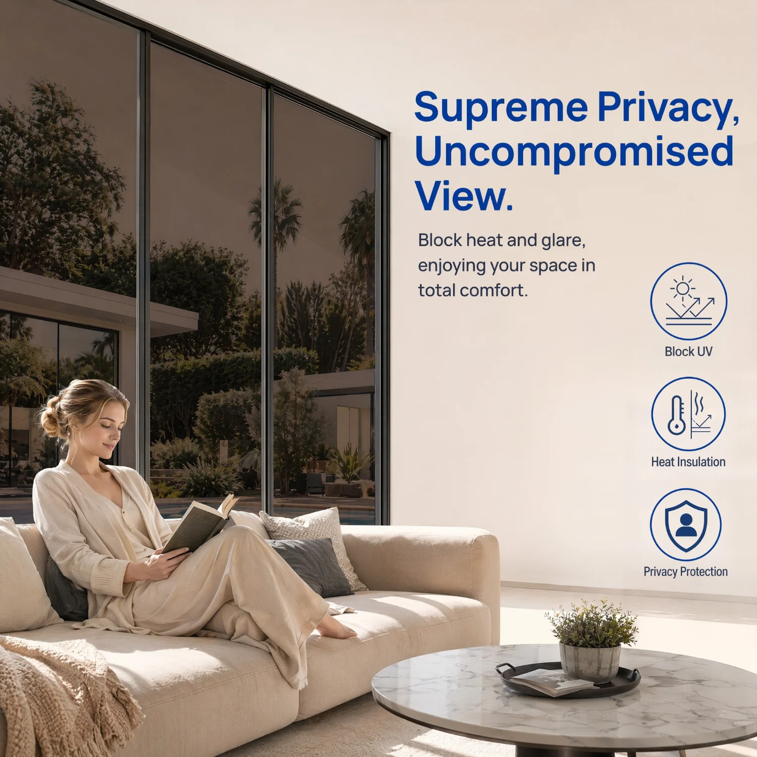 One Way Privacy Window Film Static Cling UV Protection Sun Block Light Block Heat Control Removable for Bathroom Office Glass