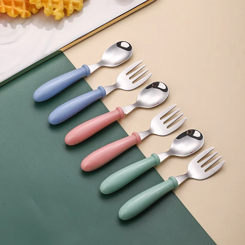 2pcs/Set Personalized Stainless Steel Tableware Set Custom Name Text Engraving Spill Proof Fork Spoon Pastel Colors Children