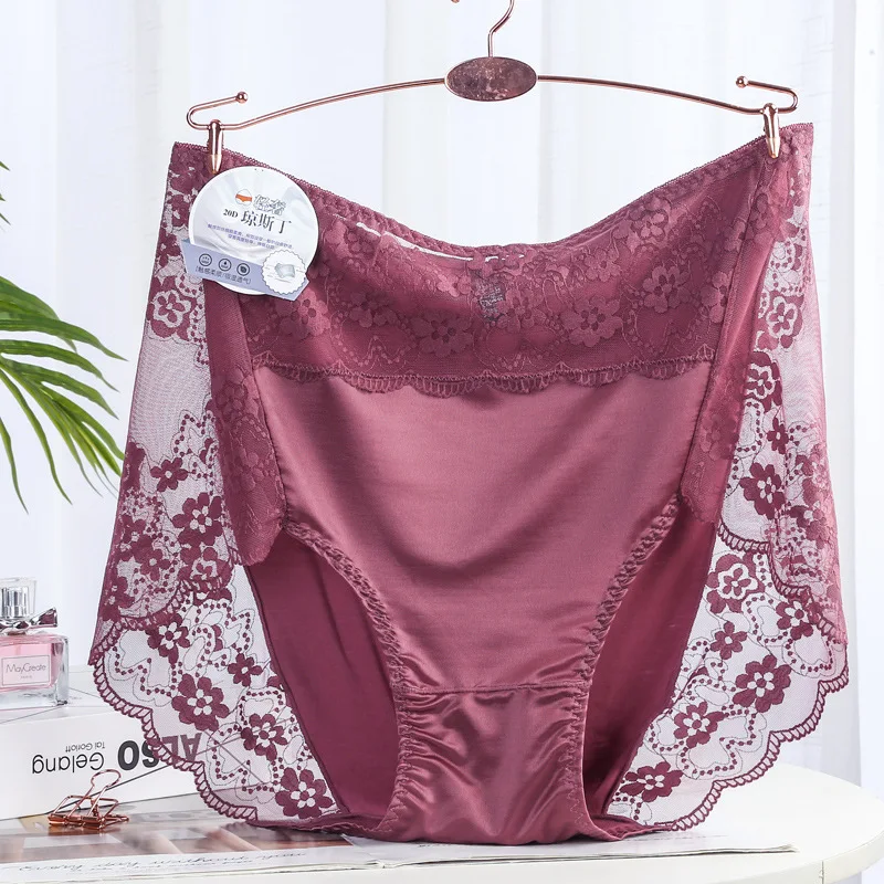 XXXL Ultra-thin Mesh Transparent Big Size Underwear Modal Cotton Lace Briefs Silky Satin Elasticity High Waist Panties