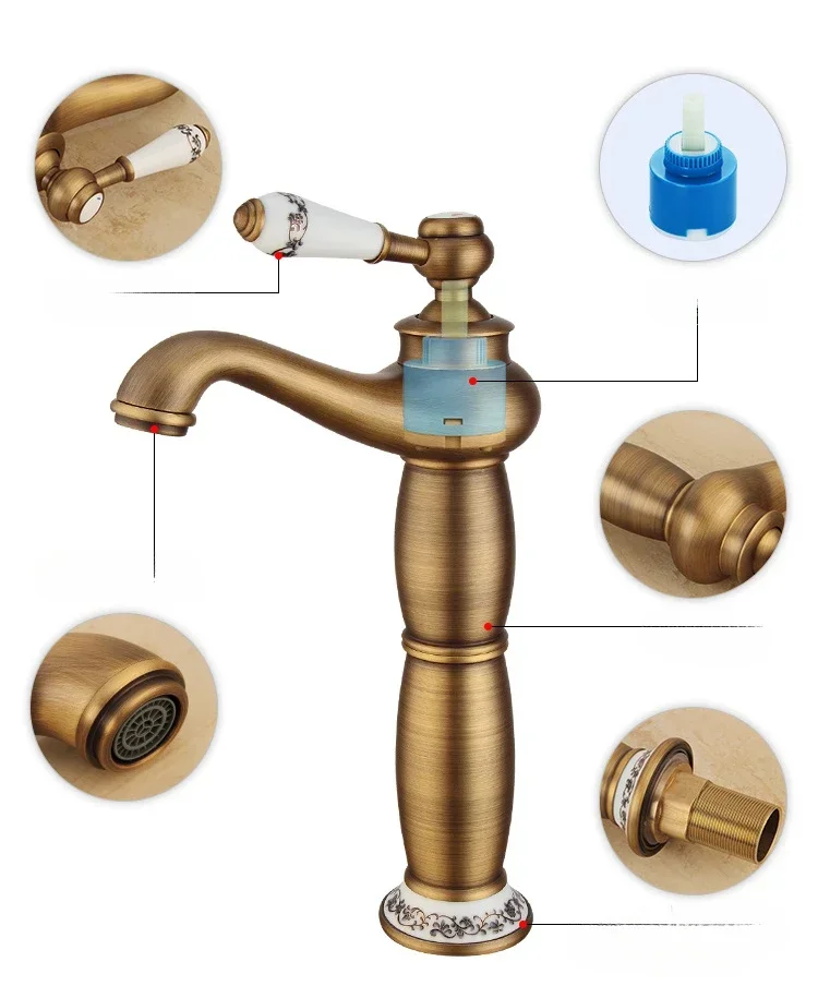 الأوروبي جميع النحاس العتيقة حوض صنبور الحمام المنزلية الحمام مكافحة حوض سبلاش واقية الساخن والبارد صنبور